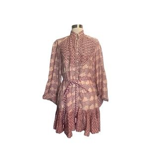 OLIPHANT High Neck Button Mini Dress S Pink Floral Block Print Balloon Sleeve